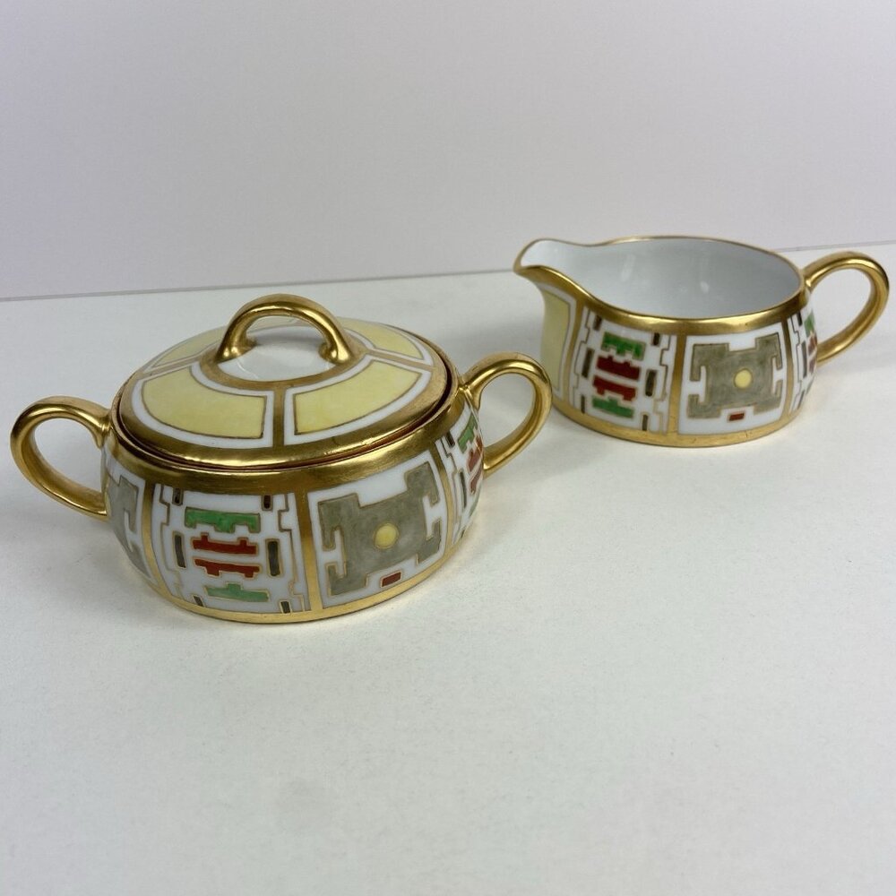 Selb Bavaria Heinrich & Co Creamer & Covered Sugar Bowl Gold Geometric